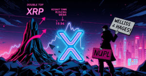 XRP价格预测：短期下行风险与长期看涨目标的复古漫画风格插图