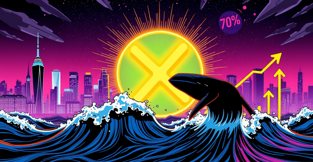 复古漫画风格封面展示XRP符号在霓虹灯下闪耀，背景为未来城市天际线，象征XRP价格预测上涨70%