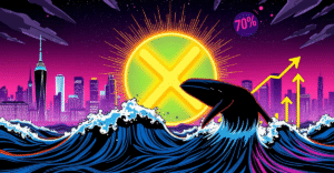 复古漫画风格封面展示XRP符号在霓虹灯下闪耀，背景为未来城市天际线，象征XRP价格预测上涨70%