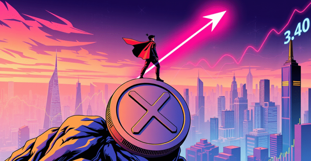 一名英雄人物站在巨大的XRP币上,背景是未来城市天际线,象征XRP价格的看涨趋势