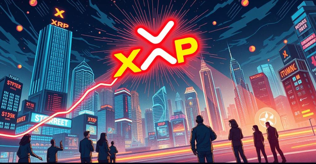 XRP标志在数字城市景观中上升，背景是上涨的趋势图，象征XRP价格上涨