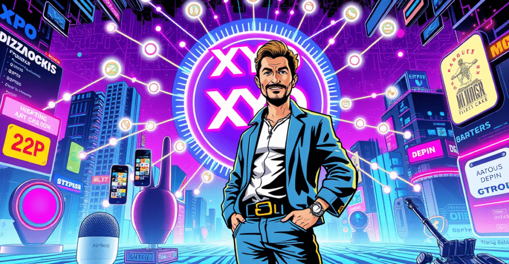 XYO Network联合创始人Markus Levin站在发光的DePIN节点网络前,背景是未来城市和物联网设备