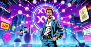 XYO Network联合创始人Markus Levin站在发光的DePIN节点网络前，背景是未来城市和物联网设备