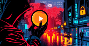 复古漫画风格插图展示了一个神秘人物用放大镜分析发光的YouTube标志，周围环绕着数据流和用户位置的世界地图。