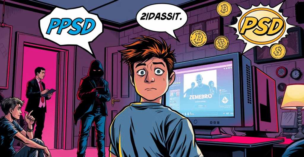 一名年轻开发者在直播中站在发光的电脑屏幕前，背景是震惊的观众，象征Zerebro开发者自杀事件的反转。