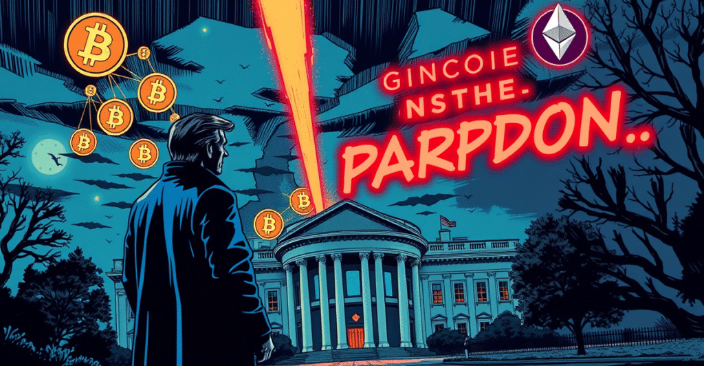 赵长鹏站在唐纳德·特朗普影子前,背景是白宫和加密货币符号,象征赦免申请的高风险场景