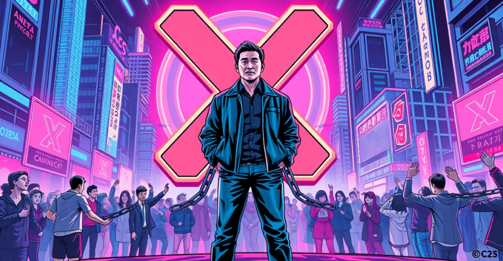 赵长鹏站在巨大的X标志前，象征他对言论自由的投资，背景是未来城市景观