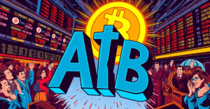 ARKB ETF股票3比1拆分的复古漫画风格插图，背景是活跃的股市和比特币符号