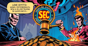 复古漫画风格插图展示SEC与加密货币质押服务的立场冲突，法官的法槌落在加密货币上。