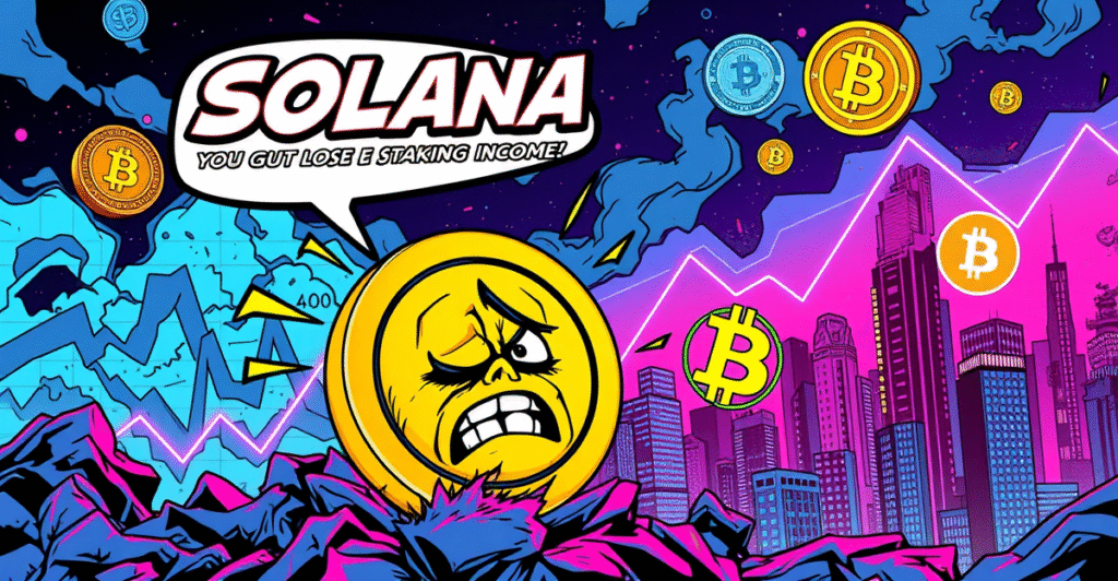 复古漫画风格插画,展示Solana币在财务风暴中挣扎,背景是激增的质押收入和净亏损的对比