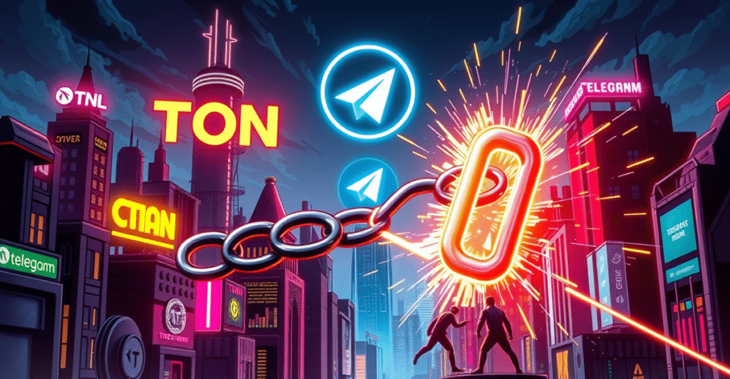 复古漫画风格插图展示TON区块链中断，数字链条断裂，背景是Telegram标志，开发团队正在修复。