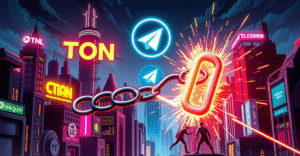 复古漫画风格插图展示TON区块链中断，数字链条断裂，背景是Telegram标志，开发团队正在修复。