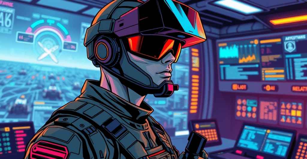 一名士兵佩戴AI驱动的VR和AR头显，站在高科技军事指挥中心，背景是实时数据流和全息显示的数字化战场。