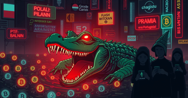 一只象征Android银行木马Crocodilus的鳄鱼从数字沼泽中浮现，背景是银行和加密货币符号，目标覆盖欧洲和南美洲。