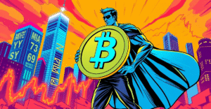 英雄人物手持巨大比特币标志，站在波动市场图前，背景是MicroStrategy和Nakamoto Holdings的象征性建筑