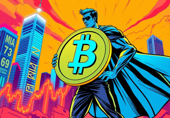 英雄人物手持巨大比特币标志,站在波动市场图前,背景是MicroStrategy和Nakamoto Holdings的象征性建筑