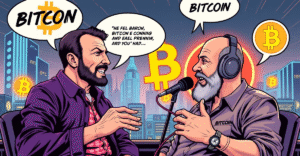 Michael Saylor和Joe Rogan在复古漫画风格的封面上讨论比特币，背景是霓虹色的未来城市。