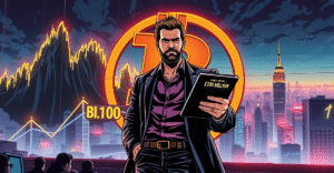 千万富翁James Wynn站在巨大的比特币符号前，背景是波动的市场趋势图，象征比特币杠杆交易的高风险与高回报