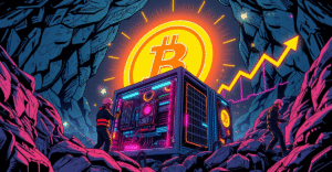 复古漫画风格展示比特币挖矿场景，矿工在高科技设备旁工作，背景是上升的市场趋势图