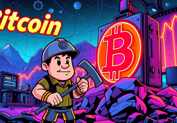 复古漫画风格的比特币挖矿场景,矿工站在发光的比特币标志前,背景是上升的趋势图