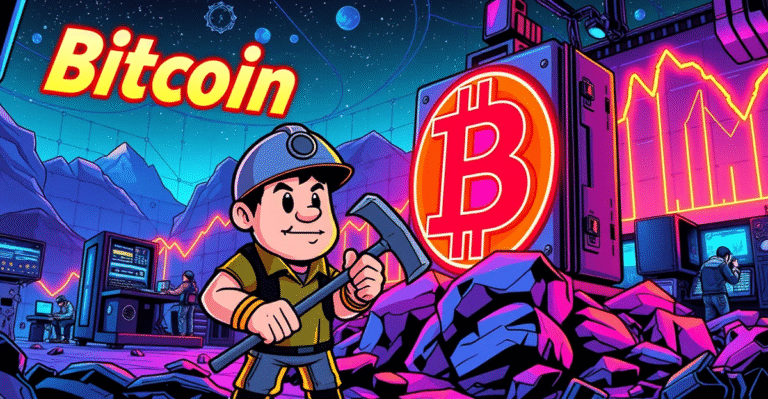 复古漫画风格的比特币挖矿场景，矿工站在发光的比特币标志前，背景是上升的趋势图