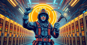 一名矿工站在巨大的比特币标志前，背景是高科技挖矿设施，象征着比特币挖矿的增长和活力