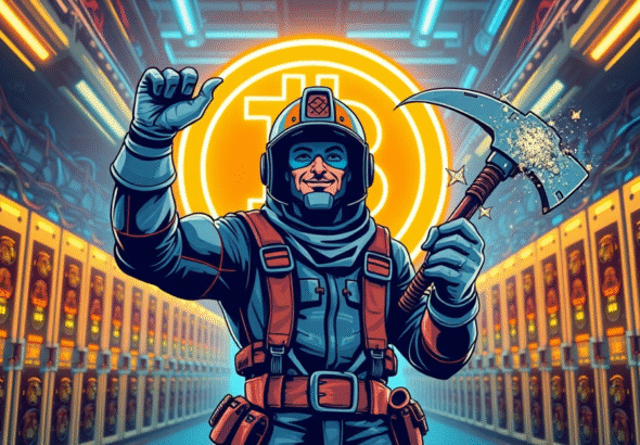 一名矿工站在巨大的比特币标志前,背景是高科技挖矿设施,象征着比特币挖矿的增长和活力