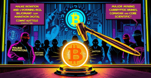 复古漫画风格插图展示比特币挖矿专利诉讼的法庭场景，法官的法槌落在发光的比特币符号上。