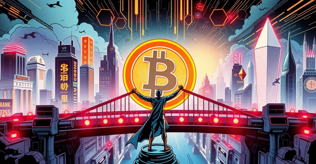 复古漫画风格展示比特币模块化执行层,Syscoin桥接传统金融与去中心化金融