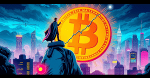 一名交易员站在巨大的比特币符号上，背景是霓虹灯照亮的城市和上涨的价格图表，象征比特币价格复苏