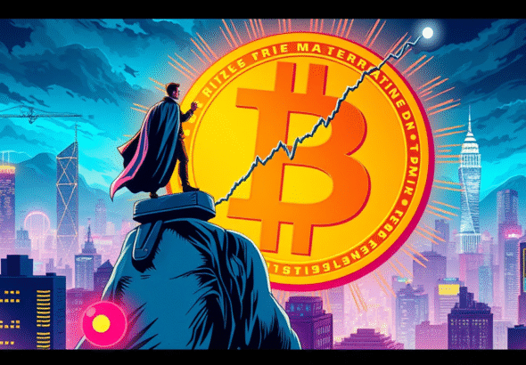 一名交易员站在巨大的比特币符号上,背景是霓虹灯照亮的城市和上涨的价格图表,象征比特币价格复苏