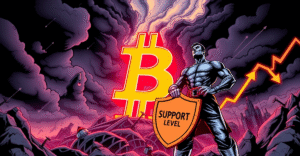 比特币价格走势的复古漫画封面，展示交易员在风暴中捍卫关键支撑位