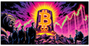 复古漫画风格封面展示比特币储备公司在熊市中的挑战，中心是巨大的比特币符号，周围是穿西装的公司人物。