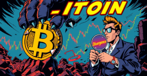 复古漫画风格插图展示比特币符号在熊市阴影下裂开，背景是下跌趋势图和红色RSI指标