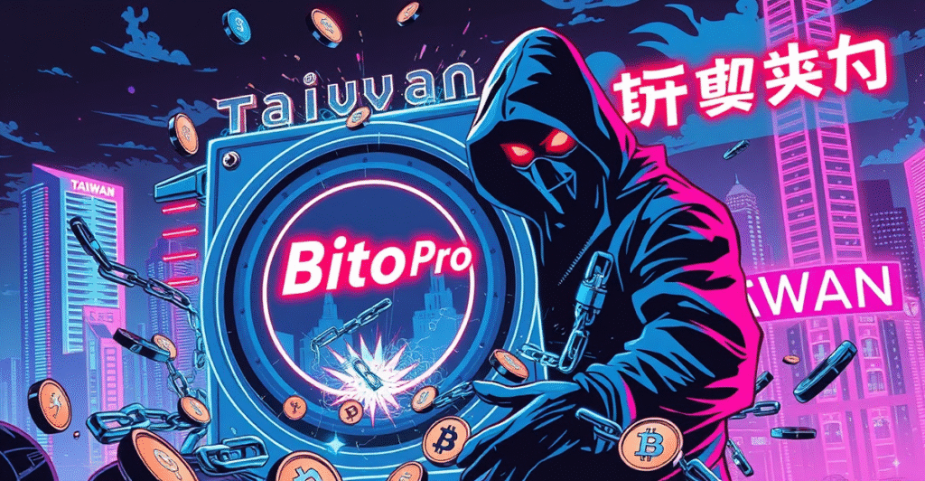 台湾加密货币交易所BitoPro遭遇安全漏洞，黑客入侵数字金库的复古漫画风格插图
