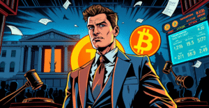 Brandon Gill站在发光的比特币标志前，背景是法庭和股市行情，象征其比特币购买面临的审查