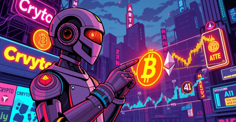 复古漫画风格的封面，展示ChatGPT AI助手在分析加密货币市场，背景是霓虹灯和数字图表。
