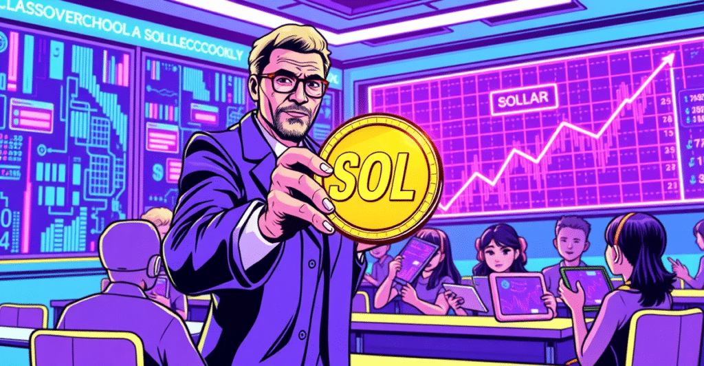 Classover宣布通过创建Solana储备进入加密货币领域的复古漫画风格插图