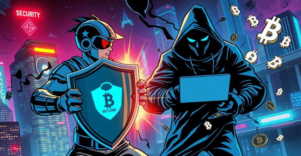 复古漫画风格插画展示区块链安全英雄与黑客的数字对抗，背景是受威胁的加密货币城市