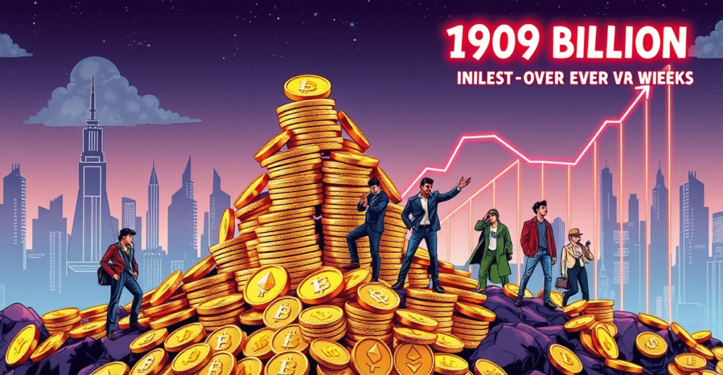 复古漫画风格插画展示投资者向堆叠的加密货币金币中添加资金，背景为未来城市和上升趋势图，象征连续七周109亿美元的加密货币投资产品流入。