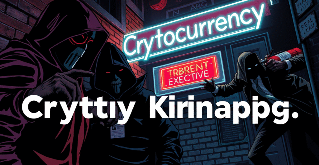 复古漫画风格插画，展示蒙面人在霓虹灯背景下试图绑架加密货币高管，英雄角色持灭火器介入。