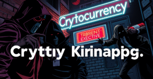 复古漫画风格插画，展示蒙面人在霓虹灯背景下试图绑架加密货币高管，英雄角色持灭火器介入。