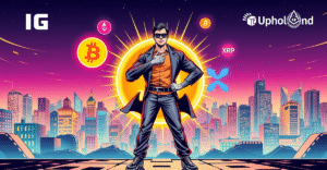 零售投资者站在发光的加密货币符号前，背景是数字资产市场的未来城市景观