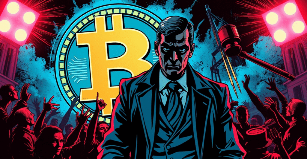 捷克司法部长帕维尔·布拉泽克因比特币捐赠丑闻辞职的复古漫画风格插图