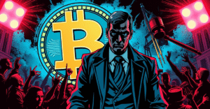 捷克司法部长帕维尔·布拉泽克因比特币捐赠丑闻辞职的复古漫画风格插图