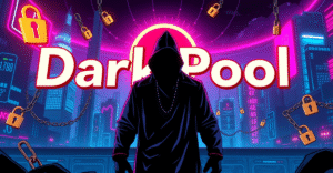 一名交易员站在发光的'暗池'标志前，背景是未来城市景观，象征着去中心化金融生态系统的隐私和安全交易。