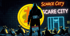 暗网丝绸之路创始人Ross Ulbricht的个人物品拍卖会，背景为比特币符号和拍卖锤