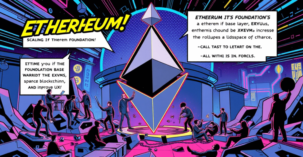 复古漫画风格插图展示以太坊基金会重组，开发者和研究人员围绕以太坊标志工作，背景是区块链技术和zkEVMs。