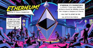 复古漫画风格插图展示以太坊基金会重组，开发者和研究人员围绕以太坊标志工作，背景是区块链技术和zkEVMs。