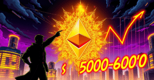 复古漫画风格封面展示黄金分形模式转变为以太坊符号，背景是上涨趋势图，象征以太坊价格可能飙升至5000-6000美元。